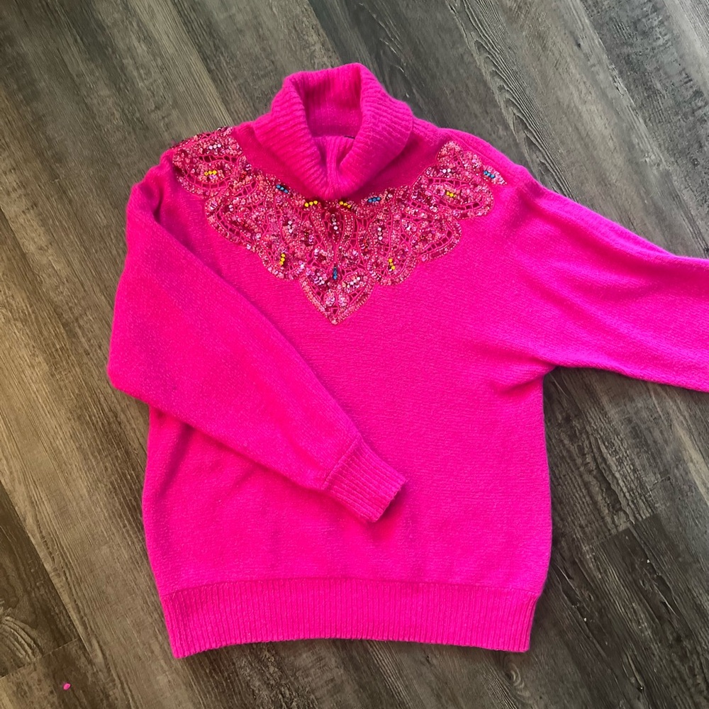 Vibrant Pink Embellished Turtleneck Sweater